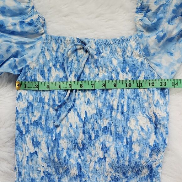 Faithfull The Brand Magnolia‎ Mini Dress In Blue Smocked Short Sleeve Size 6 - M - Picture 9 of 10